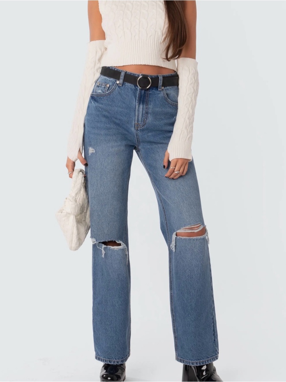 Edikted Blue High-Rise Flare Jeans with Knee Rips